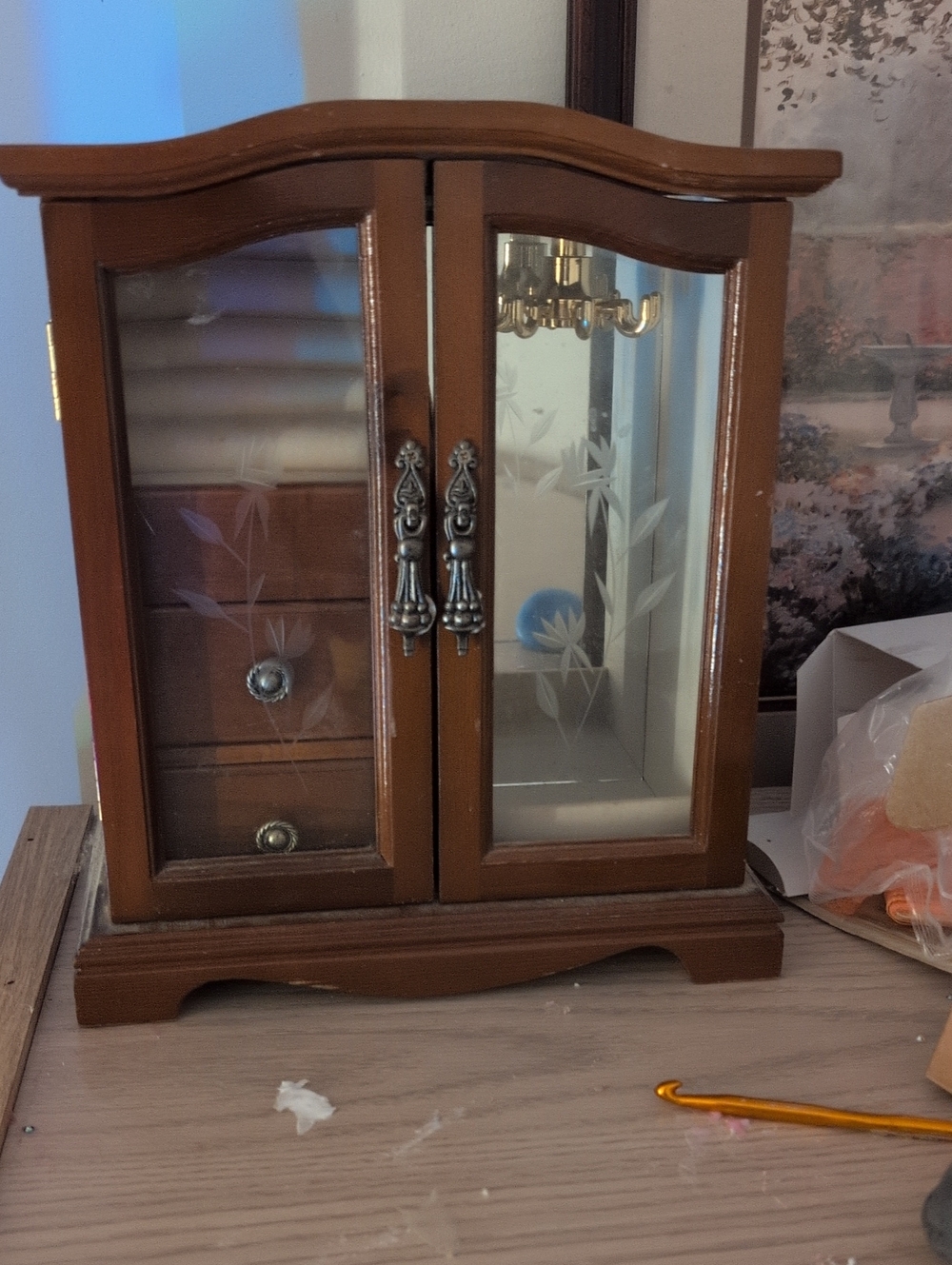 Wood Finish Jewelry Cabinet with Glass Doors - Brown